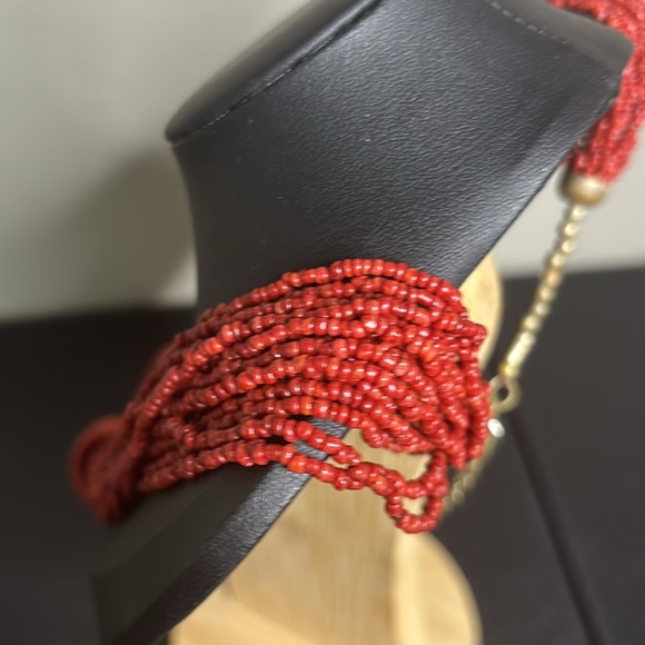 Vintage Red Necklace Coral Beaded Multistrand Bakelite Pendant Ring Silver - Picture 4 of 7